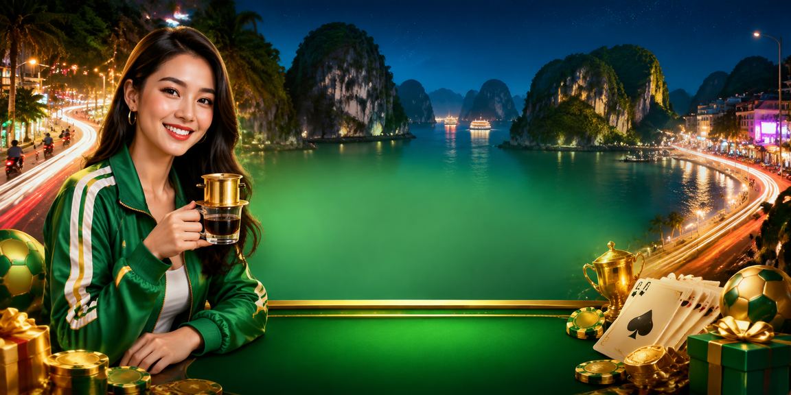 Người chơi thưởng thức trò chơi bài và cà phê với cảnh Vịnh Hạ Long