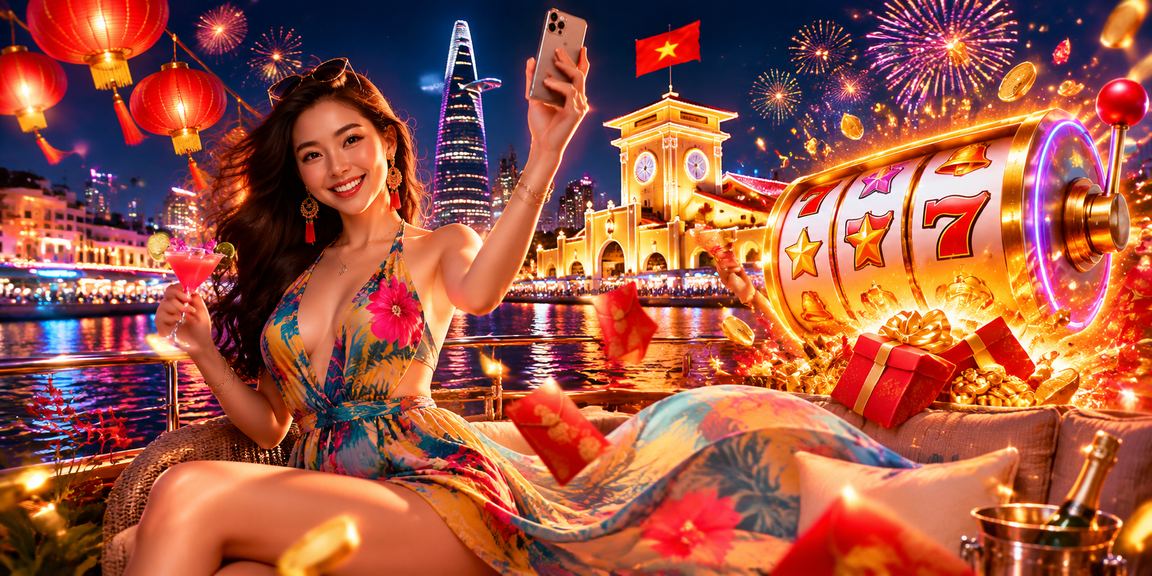 Màn hình slot game rực rỡ bên đèn lồng tại TP.HCM về đêm